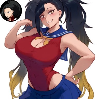 my hero academia, himiko toga, momo yaoyorozu, krystalizedart, black hair, blonde hair, cleavage, closed mouth, fangs, gradient hair, huge breasts, long hair, messy hair, school uniform, slit pupils