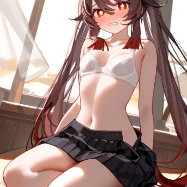 genshin impact, hu tao (genshin impact), pixma, 1girls, alternate costume, belly button, black miniskirt, blush, bra, brown hair, curtain, day, embarrassed, embarrassed female, female