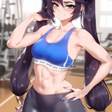 genshin impact, mona (genshin impact), 1girls, female, gym, gym clothes, hourglass figure, legwear, midriff, purple hair, sports bra, twintails, wide hips, yoga pants, ai generated