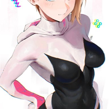 marvel, spider-man (series), gwen stacy, spider-gwen, odyssey 21, 1girls, asymmetrical hair, blonde hair, blue eyes, blush, bodysuit, breasts, closed mouth, clothed navel, covered navel