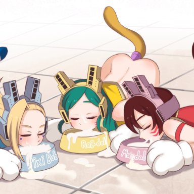 my hero academia, mandalay, pixie bob, ragdoll (my hero academia), tnt77, 3girls, blonde hair, bowl, brown hair, buttplug, buttplug tail, closed eyes, cum, cum drinking, cum in bowl