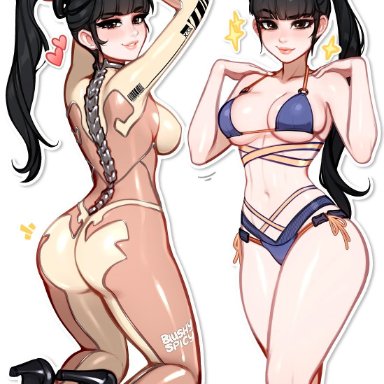 stellar blade, eve (stellar blade), blushypixy, blushyspicy, 1girls, android, asian, asian female, ass, bikini, black hair, blue bikini, bodysuit, breasts, female