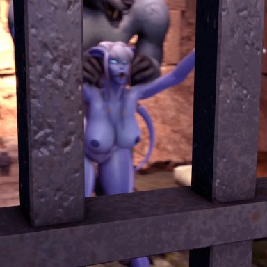 world of warcraft, draenei, worgen, yrel, kaminakirei, 1boy, 1girls, areolae, arms up, ass, black fur, blue body, blue eyes, bondage, breasts