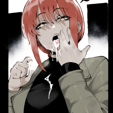 chainsaw man, makima (chainsaw man), ajaycolor, masoq095, colored inner hair, colored skin, cum in mouth, cum on tongue, fully clothed, heart, licking cum, tounge out, color, color edit, colored