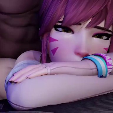 overwatch, d.va, conseitnsfw, 1boy1girl, balls, big ass, big butt, big penis, blonde female, bubble butt, dark-skinned male, large breasts, prone bone, sound, tagme