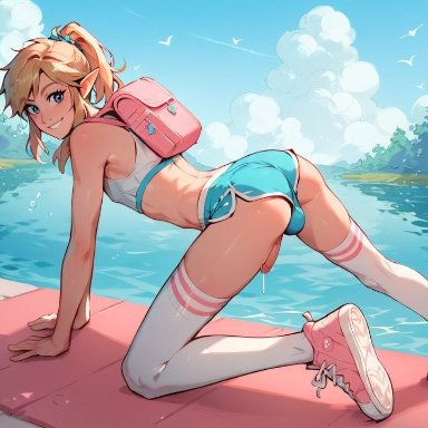 the legend of zelda, link, mt8, 1boy, better than girls, bulge through clothing, cum string, dolphin shorts, femboy, girly, penis out, sissy, sneakers, sports bra, thighhighs