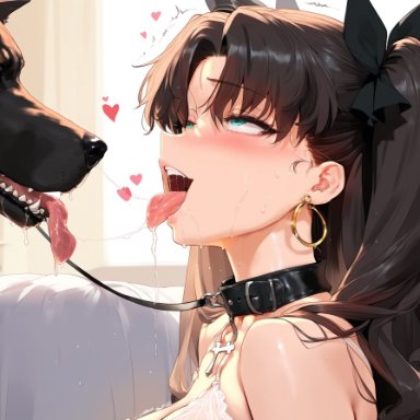 fate (series), tohsaka rin, tohsaka rin (cosplay), jarosh, 1girls, ahe gao, black fur, black hair, canine, dog girl, drool on face, drool string, drooling, drooling tongue, female