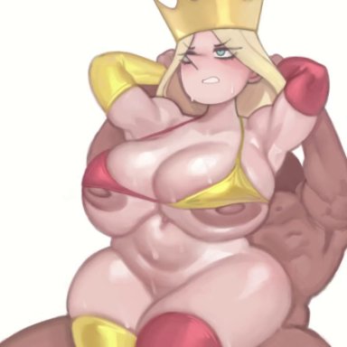 ousama ranking, ranking of kings, queen hilling, kelvin hiu, 1boy, 1girls, bikini, blonde hair, blue eyes, breasts, crown, female, hands behind head, hips, huge breasts