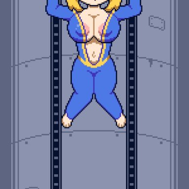 fallout, vault dweller, vault girl, vault meat, octotron2000, 1girls, areola, areolae, breast expansion, clothed, clothing, f.e.v, female only, hanging breasts, hip expansion