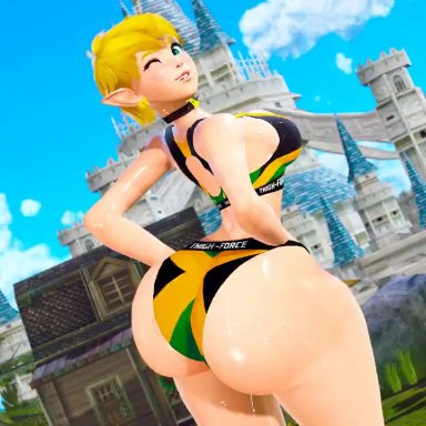 the legend of zelda, princess zelda, prevence, alternate ass size, alternate hairstyle, ass bigger than head, blonde hair, huge ass, jamaican flag, looking at viewer, shaking butt, short hair, smile, 3d, animated