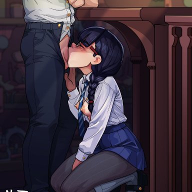 original, original character, naytlayt, 1boy, 1girl, 1girls, black hair, blowjob, blue skirt, blush, braided hair, breasts, button down shirt, closed eyes, clothing