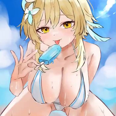 genshin impact, hoyoverse, mihoyo, lumine (genshin impact), ikurumidwd, 1girls, alternate breast size, alternate costume, big breasts, bikini, bikini bottom, bikini top, blonde hair, blue popsicle, bra