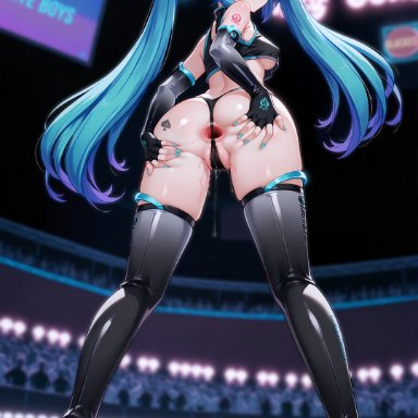 vocaloid, hatsune miku, blackedaibabes, tda, aqua eyes, aqua hair, ass, ass grab, bare shoulders, concert, crowd, from behind, full body, gaping anus, grabbing own ass