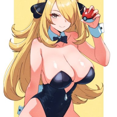 creatures (company), game freak, nintendo, pokemon, pokemon dppt, cynthia (pokemon), kamidan, 1girl, 1girls, alternate costume, animal ears, black bow, black bowtie, black leotard, blonde hair