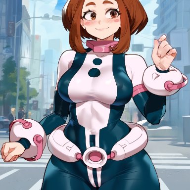 boku no hero academia, my hero academia, ochako uraraka, creamy ai, bodysuit, brown eyes, brown hair, curvy, large breasts, superhero costume, thick thighs, wide hips, ai generated