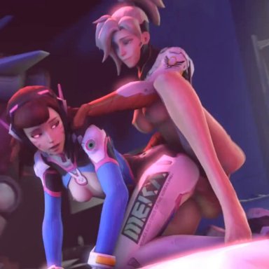 blizzard entertainment, overwatch, d.va, mercy, blackjr, 1girls, 2futas, breasts, doggy style, face markings, fast thrusts, female, from behind, futa on female, futa on futa