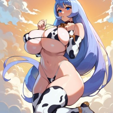 nejire hado, ramiram, 1girls, blue eyes, blue hair, clouds, cow print, cowprint bikini, full body, huge ass, huge breasts, long hair, micro bikini, sky, solo