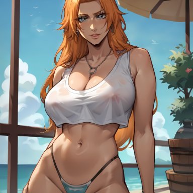 bleach, matsumoto rangiku, tesiai, looking at viewer, orange hair, see-through, ai generated