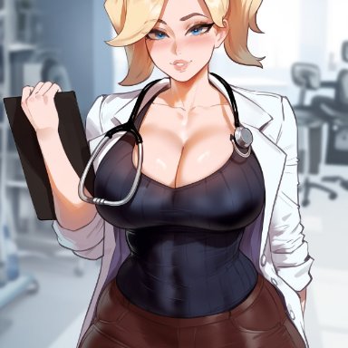 overwatch, dr. ziegler, mercy, creamy ai, blonde hair, blue eyes, brown pants, cleavage, clipboard, curvy, labcoat, large breasts, pants, stethoscope, tank top