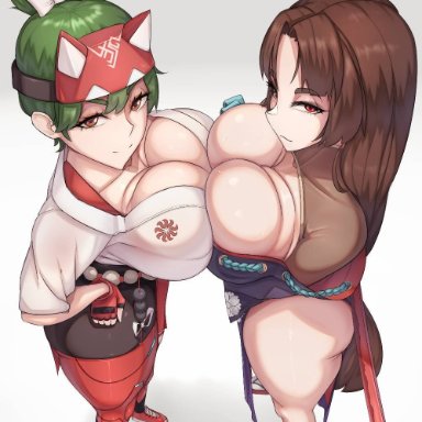 onmyoji, overwatch, overwatch 2, kiriko (overwatch), yoto hime (onmyoji), astlk, arm under breasts, bangs, big breasts, big butt, boobs, bow, breasts, breasts pressed together, brown eyes