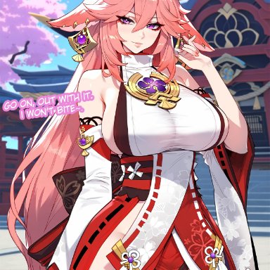 genshin impact, yae miko, floox, 1girls, breasts, female, fox ears, fox girl, hips, huge breasts, kitsune, light skin, light-skinned female, long hair, naughty face