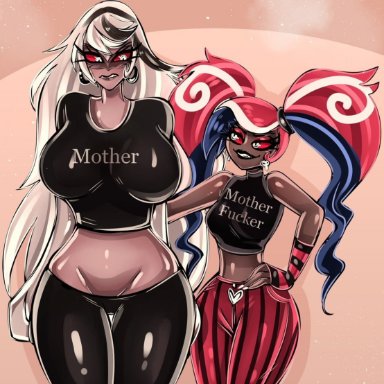 hazbin hotel, twitter, vivienne medrano, vivziepop, carmilla carmine, velvette (hazbin hotel), bitterbunz, 2girls, age difference, clothed, long hair, mature, mature female, mature woman, milf