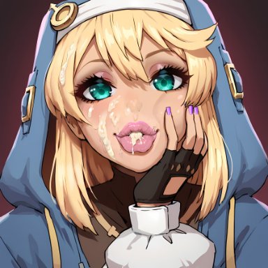 guilty gear, guilty gear strive, bridget, bimboports(ai), big lips, bimbo, blonde hair, cheek squish, cum, cum in hair, cum in mouth, cum on face, cum on nose, femboy, hand on head