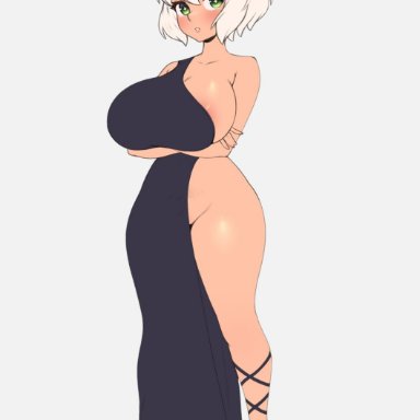 elara (whomperfruit), whomperfruit, 1girls, areola slip, bare shoulders, blush, breasts, curvaceous, curvy, detached sleeves, green eyes, heart, heels, hourglass figure, huge breasts