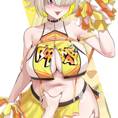 goddess of victory: nikke, elegg (nikke), aestheticc-meme, :3, :d, 1boy, 1girls, ahoge, bangs, bangs over eyes, belly button, big breasts, blonde hair, blush, bodily fluids