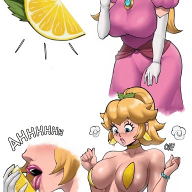 mario (series), nintendo, princess peach, echosaber, bikini, blonde hair, fat breasts, flat belly, large breasts, lemon, licking, princess, surprised, cropped