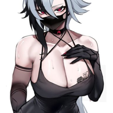 genshin impact, arlecchino (genshin impact), masoq095, 1girls, black mascara, black mask, goth, goth girl, gothic, slutty, slutty face, white skin