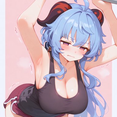 genshin impact, ganyu (genshin impact), unajyu, 1girls, alternate breast size, armpits, blue hair, breasts, cleavage, female, female only, horns, large breasts, short shorts, shorts