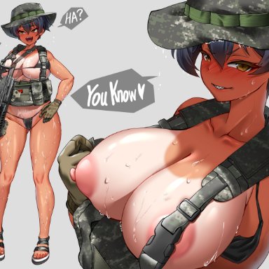 rokmc chan, bikini, bikini bottom, bikini top, blush, blushing, breasts, camo, camo print, female, gun, hat, military, military hat, nipples