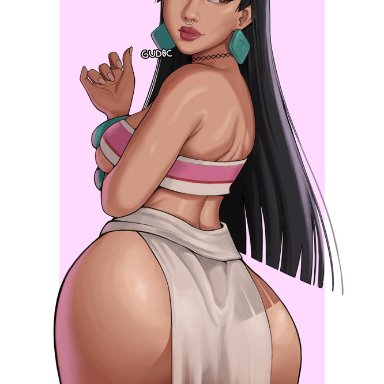 dreamworks, the road to el dorado, chel, gud0c, 1girls, arm under breasts, ass, back, back view, bangs, big ass, big lips, black hair, bottom heavy, bottomwear