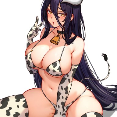 overlord (maruyama), albedo (overlord), cetta (cettadvd), 1girls, animal tail, armwear, big breasts, bikini, bikini bottom, bikini top, blush, bottomwear, breasts, cleavage, cow print