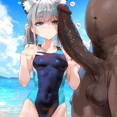 blue archive, shiroko (blue archive), benisman, 1boy, 1girls, animal ears, balls, beach, beach sex, clothed female nude male, dark penis, dark skin, dark-skinned male, green hair, huge cock