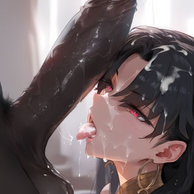 fate (series), fate/grand order, ishtar (fate), ishtar (fate/grand order), mirham, 1boy, 1girls, accessory, bare shoulders, big balls, big penis, black hair, blowjob, crown, dark-skinned male