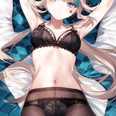 genshin impact, hoyoverse, mihoyo, lynette (genshin impact), poyon na, 1girls, ai, animal ears, arms up, bed, belly button, big ribbon, black bra, black panties, black pantyhose