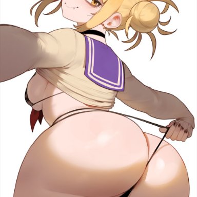 boku no hero academia, himiko toga, honkibooty, ass, ass focus, bags under eyes, bikini, black bikini, black choker, black nails, blonde hair, blue sailor collar, blunt bangs, blush, breasts