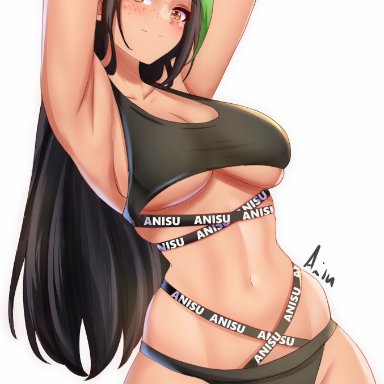 nintendo, pokemon, pokemon sv, nemona (pokemon), anisdrawn, 1girls, alternate breast size, alternate hairstyle, armpit, armpit crease, armpits, arms up, belly, belly button, black and green hair