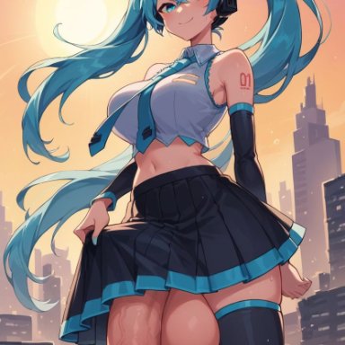 hatsune miku, mizuiro01, 1futa, aqua eyes, aqua hair, bare shoulders, big balls, big penis, big testicles, black skirt, black thighhighs, city, city background, clothed, clothes lift