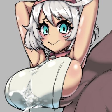 guilty gear, guilty gear strive, elphelt valentine, nagoriyuki, dizner, 1boy, 1girls, aqua eyes, big breasts, blush, breasts, clothed paizuri, cum, cum on body, cum on breasts