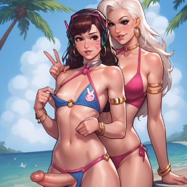 overwatch, d.va, artist request, 1boy, 1futa, anal, beach, crossdressing, dollar ai, femboy, futa on male, futanari, ai generated