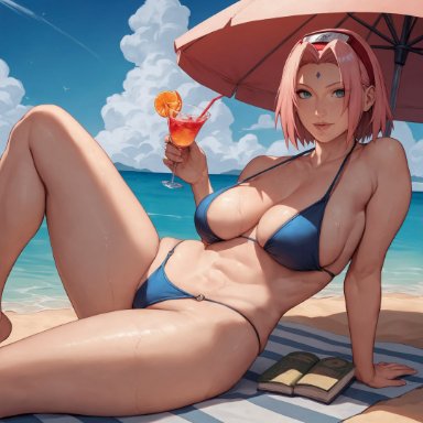 naruto, naruto (series), sakura haruno, alex-schura, 1girls, abs, alternate breast size, barefoot, beach, beach towel, beach umbrella, big breasts, bikini, bikini bottom, bikini top