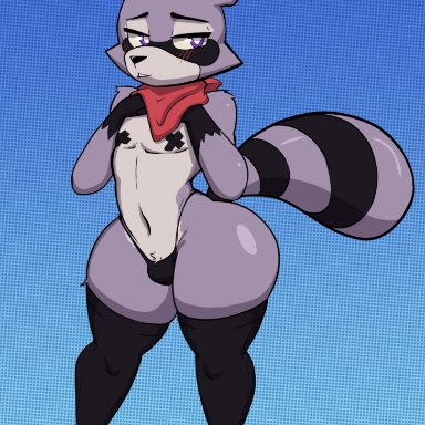 indigo park, rambley (indigo park), taharon, anthro, bandana, black fur, black pasties, black thong, blush, blush lines, bulge, cross pasties, femboy, furry, girly