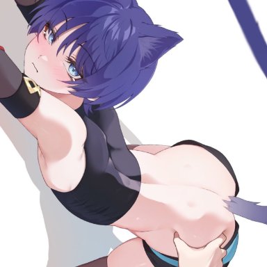 genshin impact, scaramouche (genshin impact), chobonu, 1boy, animal ears, ass, ass grab, ass up, blush, blushing, cat ears, cat tail, catboy, clothing, crop top