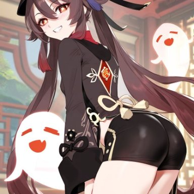 genshin impact, hu tao (genshin impact), dclp, 1girls, ass, from behind, standing, ai generated