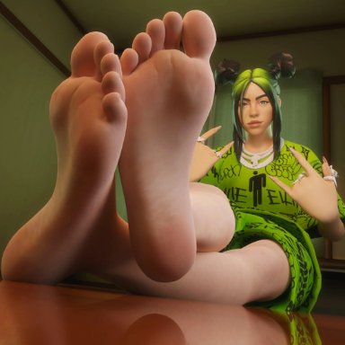 fortnite, billie eilish, mrgtsfloop, barefoot, big lips, crossed ankles, crossed legs, double bun, feet, female, foot fetish, hair bun, hand gesture, jewelry, multicolored hair