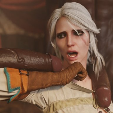 the witcher (series), the witcher 3: wild hunt, ciri, derpderp, 1girls, 2boys, 2boys1girl, big penis, cock shock, cock worship, dark skin, dark-skinned male, female, forearm cock, green eyes