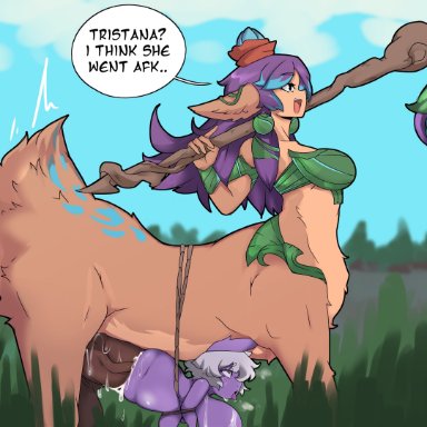 league of legends, lillia (league of legends), tristana, yordle, sumidero, 1futa, 1girl, belly riding, bondage, centaur, centauress, cum, deertaur, female, futa on female